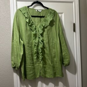 Carole Little Green Linen Ruffle Blouse